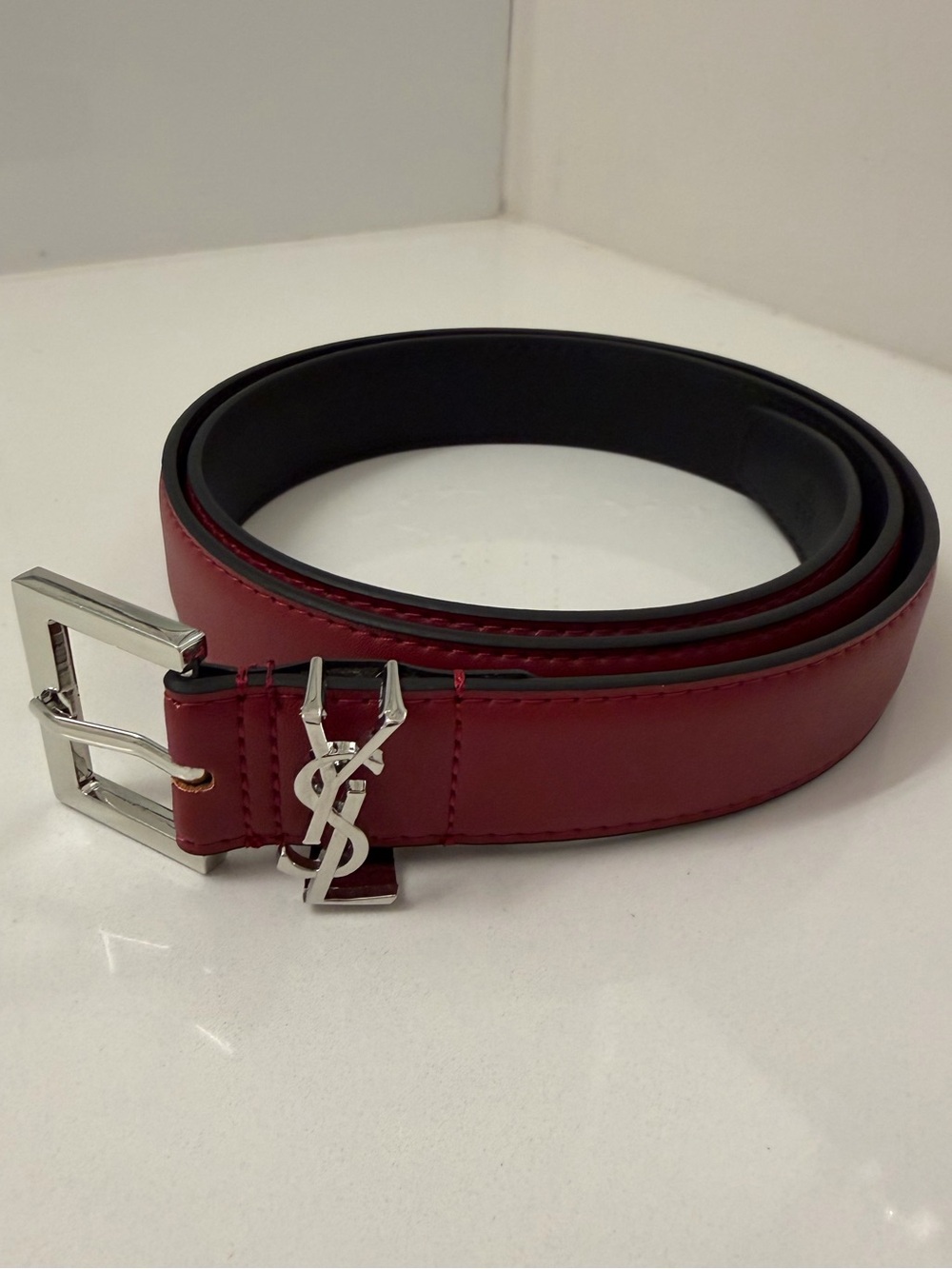 Saint Laurent YSL Burgundy Red Leather Belt Silver